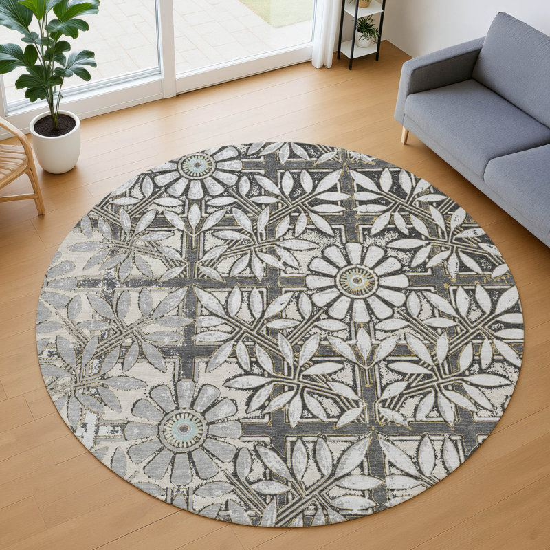 Machine Washable Indoor/Outdoor Chantille ACN2775 Floral Rug, Gray, 8' Round