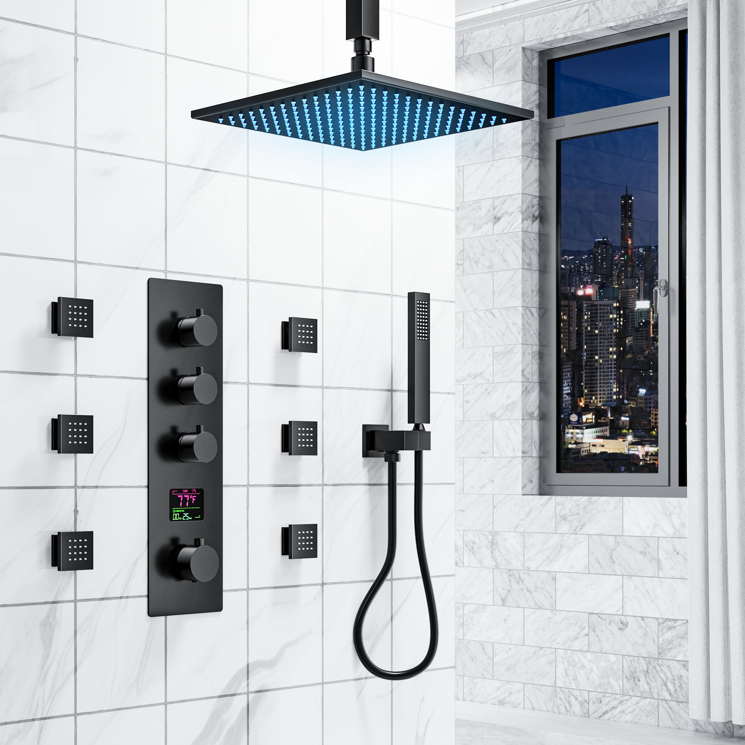 LED Modern Rain Shower System,Shower Body Spray System,Bathroom Full Shower  Set,Massage Shower Set,Multifunctional Thermostatic Shower Valve And Hand