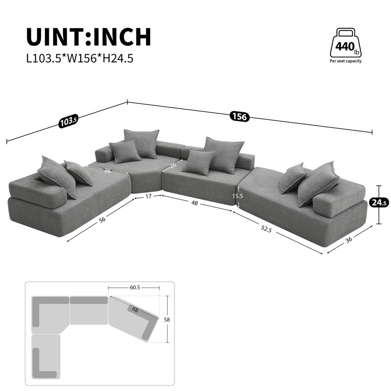 Canapé modulaire surdimensionné rembourré de mousse Breydan, Gris chenille
