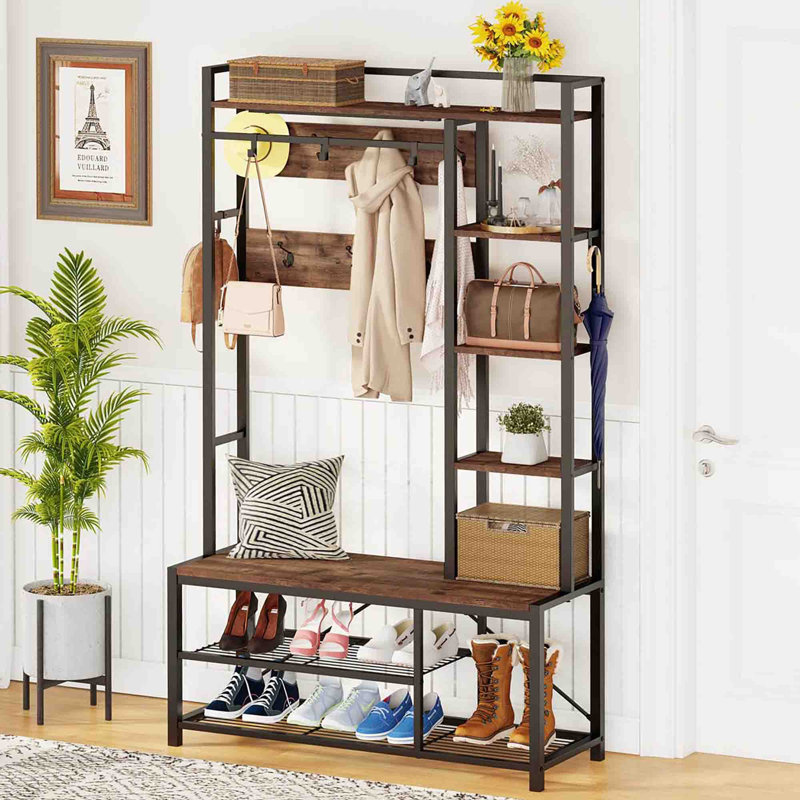Hall Tree 41.34'' Wide with Bench and Shoe Storage, Rustic Oak
