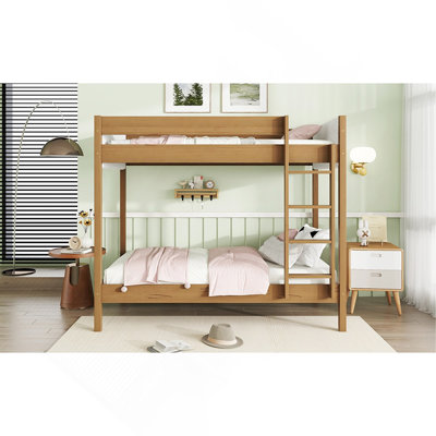 Bunk Bed, Upholstered Bunk Bed Frame With Ladder, Safety Guardrails,Rubber Wooden,Teddy Fleece Fabric Headboard/Footboard by Harriet Bee