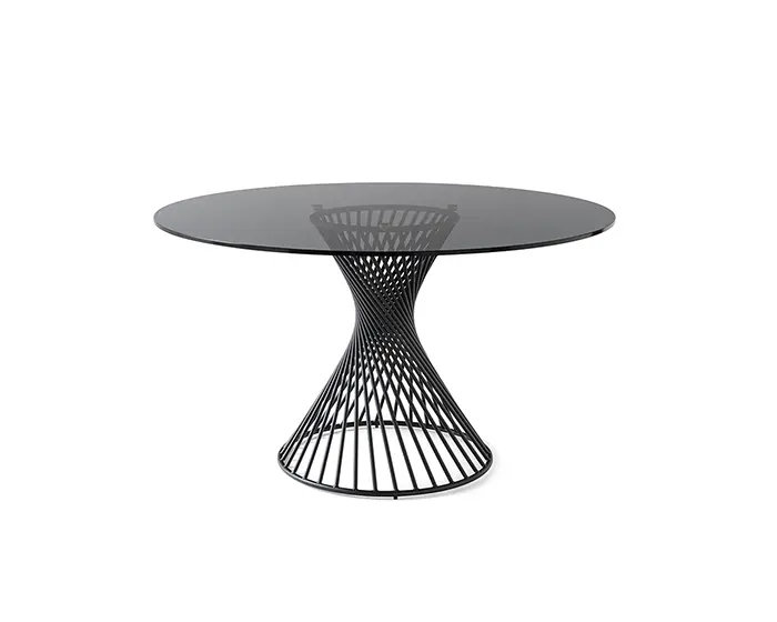 Table ronde Vortex avec plateau en verre et base centrale en métal, Verre trempé gris fumé