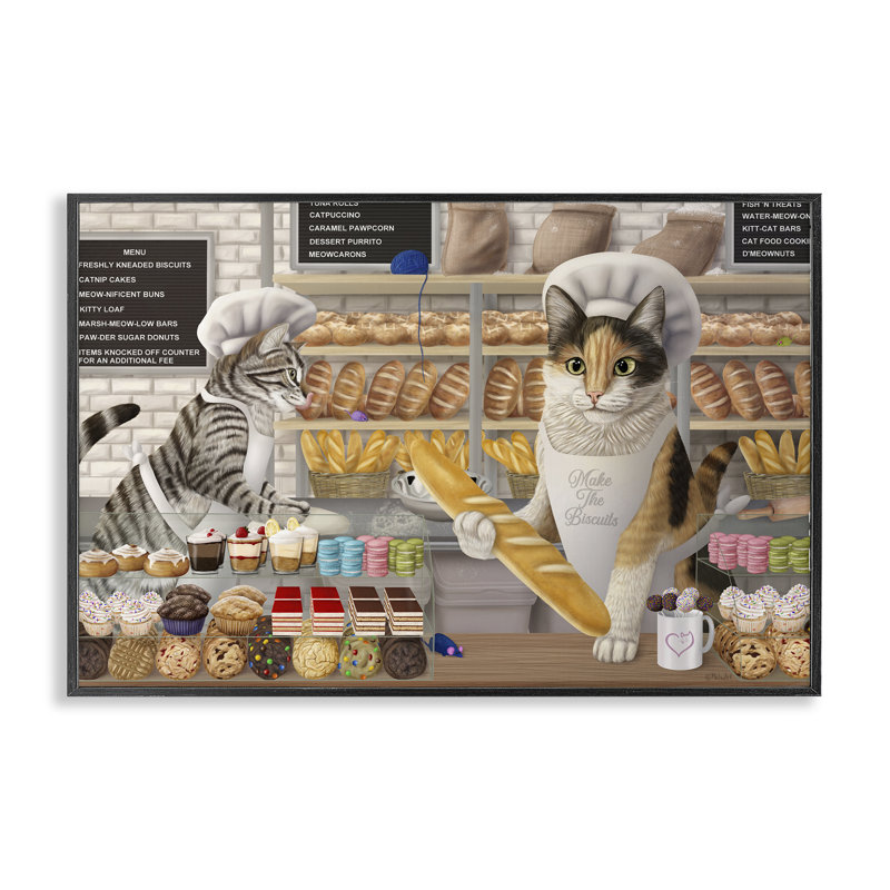  «Meow Bakery», art giclée de chats rigolos par Mehu Art, Giclée encadrée noir minuit, H 12 po x l 18 po