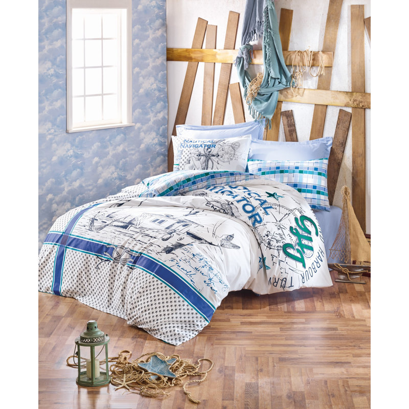 Ensemble de housse de couette 100% coton blanc / vert / bleu Eamon