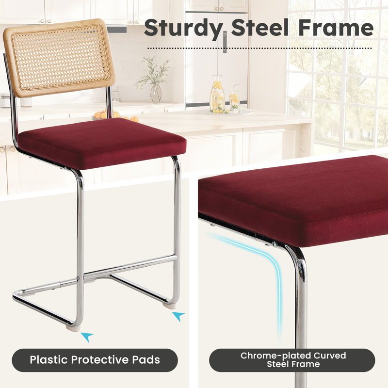 Set of 2, 26.2" Height Counter Stool, Natural Rattan Back with Thick Padded Seat & Metal Legs – Mid-Century Modern,Red, Red