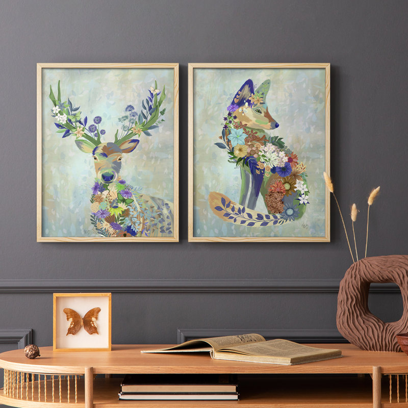 Fantastic Florals Deer, Portrait - reproduction encadrée de qualité supérieure - prête à être accrochée - aucun clou requis - aucun clou requis
