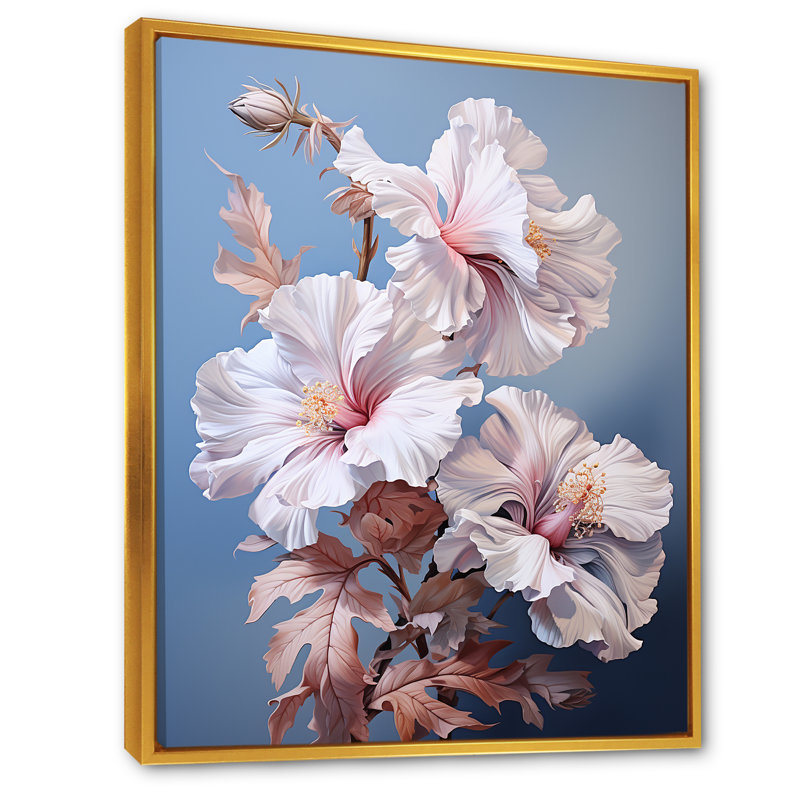 Doux rose hibiscus bouquet de fleurs encadré sur toile, Cadre flottant doré, H 40 po x l 30 po x P 1,5 po