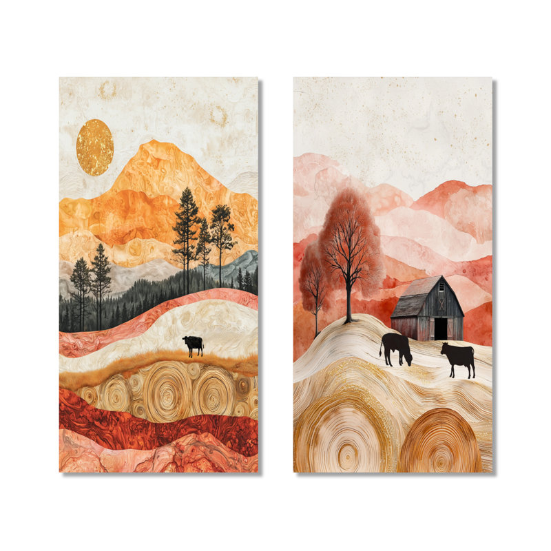 «Pastel Cow into the Golden Landscape I - Farmhouse 2 Panneaux», reproduction d'art murale en métal, 40" H x 40" W