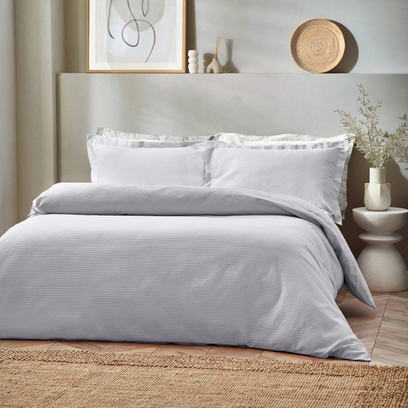 Waffle Textured 100% Cotton Duvet Cover Set, King Duvet Cover + 2 Standard Pillowcases, Silver