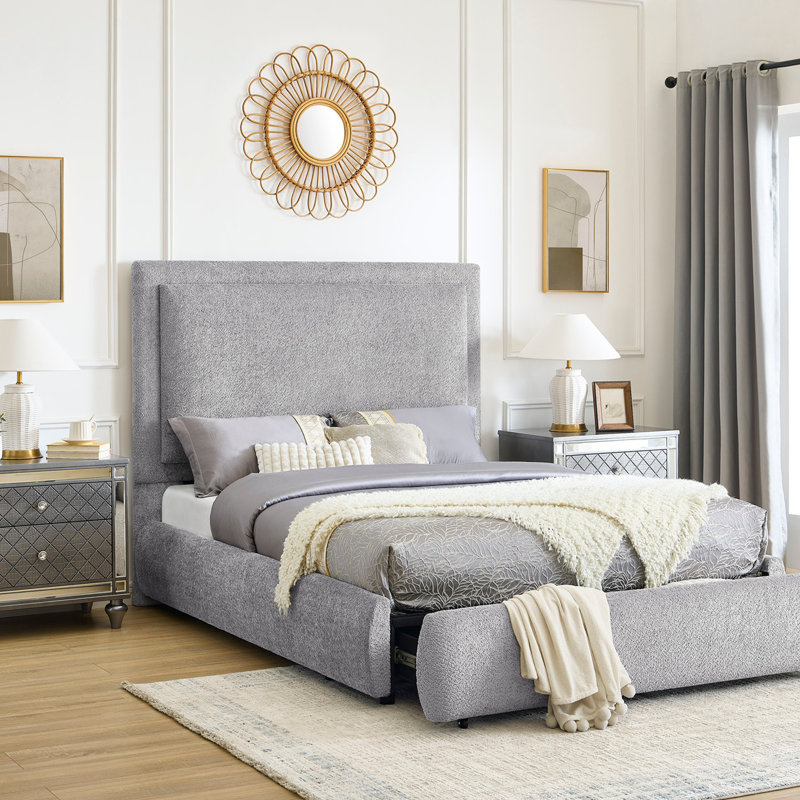 Base de lit luxueuse de 1 pièce recouverte d'un tissu en chenille douce avec une tête de lit haute et un pied de lit élégant et fonctionnel