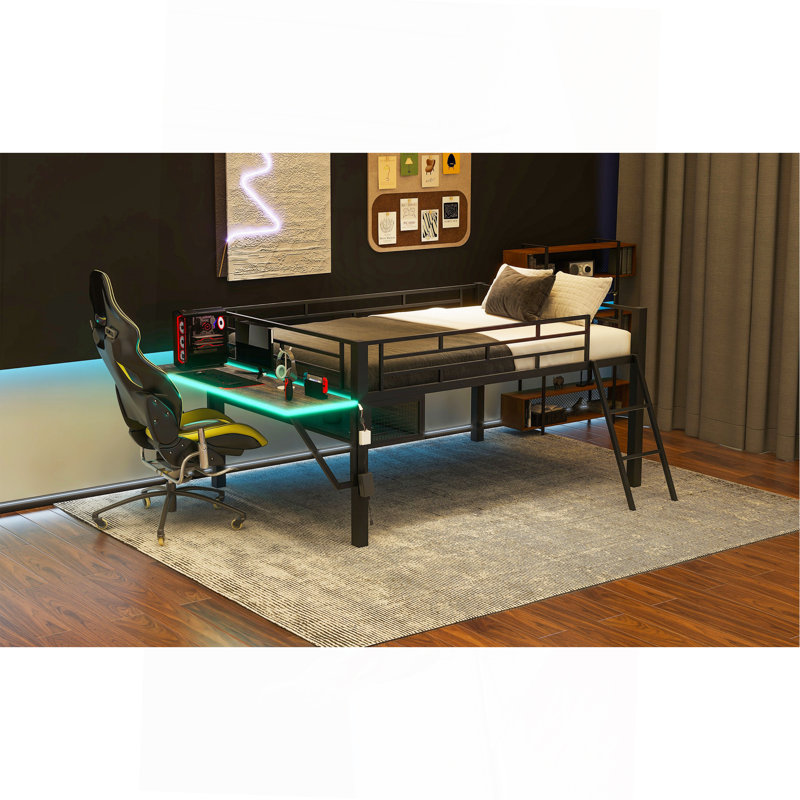 Lit mezzanine avec bureau Gaming, DEL, double, noir