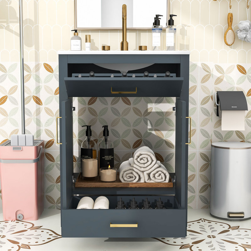 Élégant meuble-lavabo peu encombrant avec lavabo en céramique intégré et grand espace de rangement, Bleu