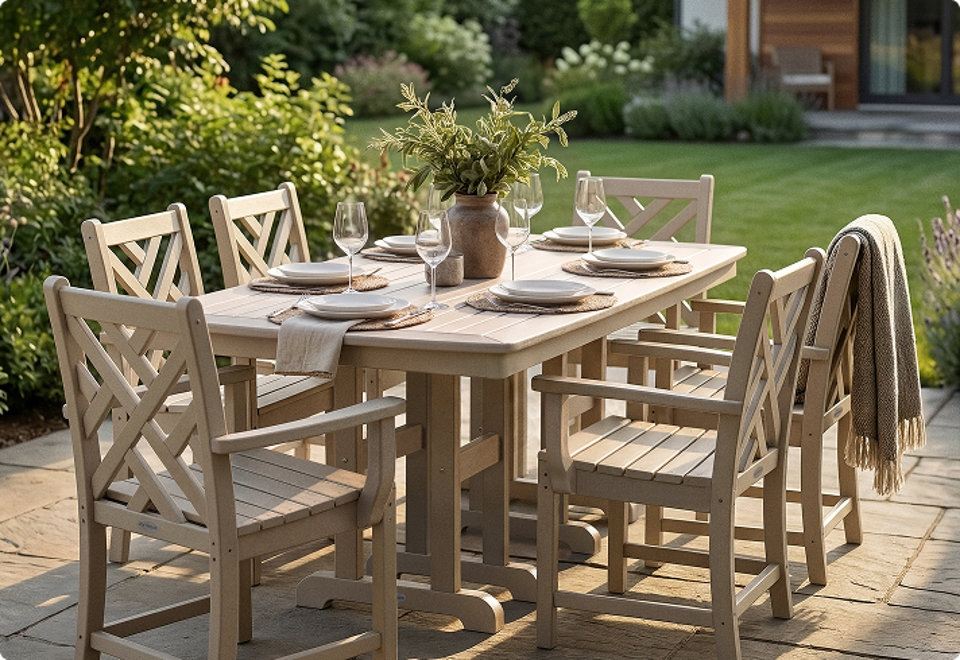Light-toned POLYWOOD outdoor dining table set for six in a lush green garden, with place settings, wine glasses, and a potted herb centerpiece
