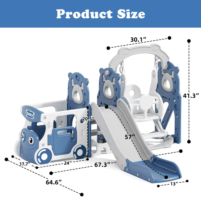 4 In 1 Toddler Slide And Swing Set, Bus-Themed Kids Slide With Basketball Hoop, Indoor Outdoor Playset, Blue