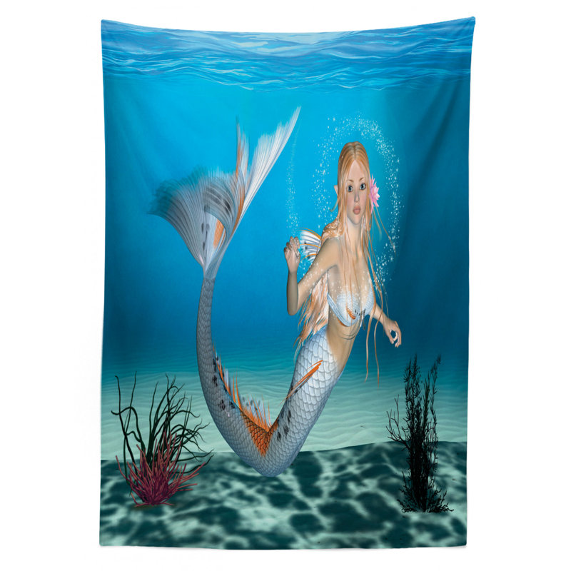 Ambesonne Mermaid Tablecloth, Graphic Of A Mermaid In Tropical Ocean Fairytale Creature, Rectangular Table Cover For Dining Room Kitchen Decor, 52" X 70", Sea Blue Navy