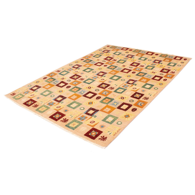Tapis beige / vert / orange en laine noué à la main de conception unique 9 pi x 12 pi 9 po New Age