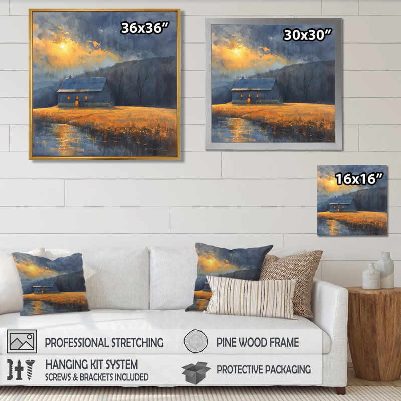 «Yellow Autumn Barn Golden Hour I» - décoration murale grange, Toile argentée avec cadre flottant, H 16 po x l 16 po x P 1 po