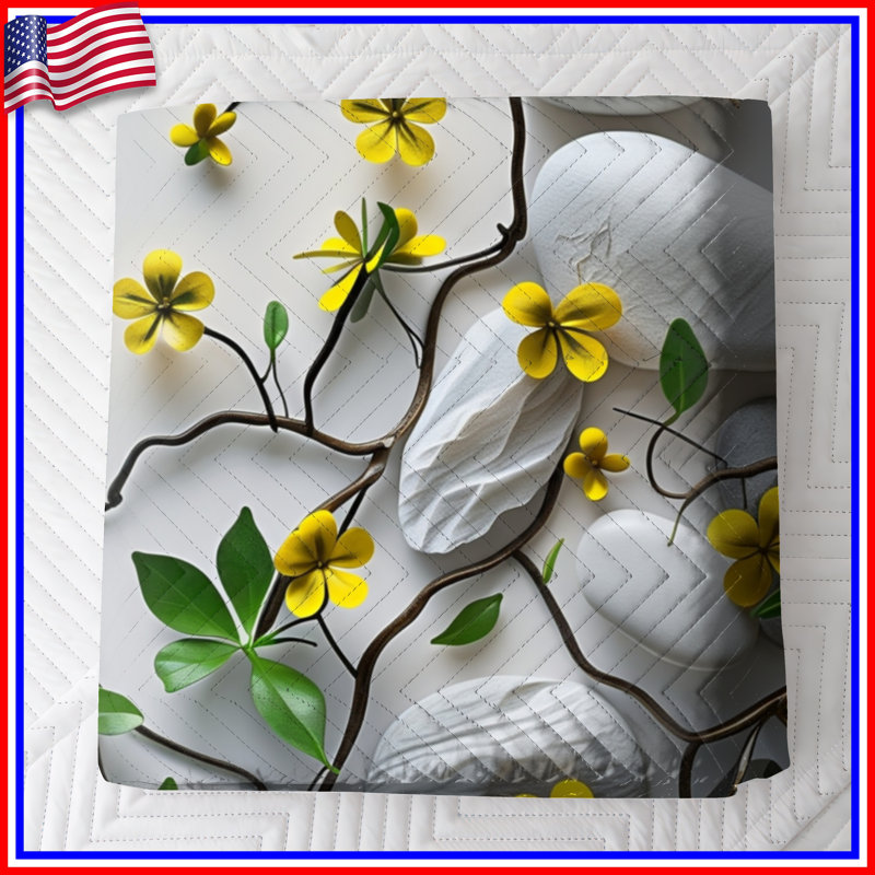 Couvre-lit matelassé fleurs jaunes sur roches , Double