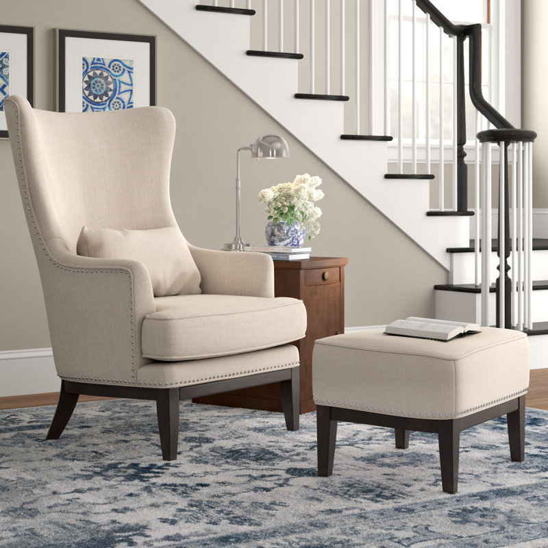 Caistor Upholstered Wingback Chair with Ottoman, Beige Linen