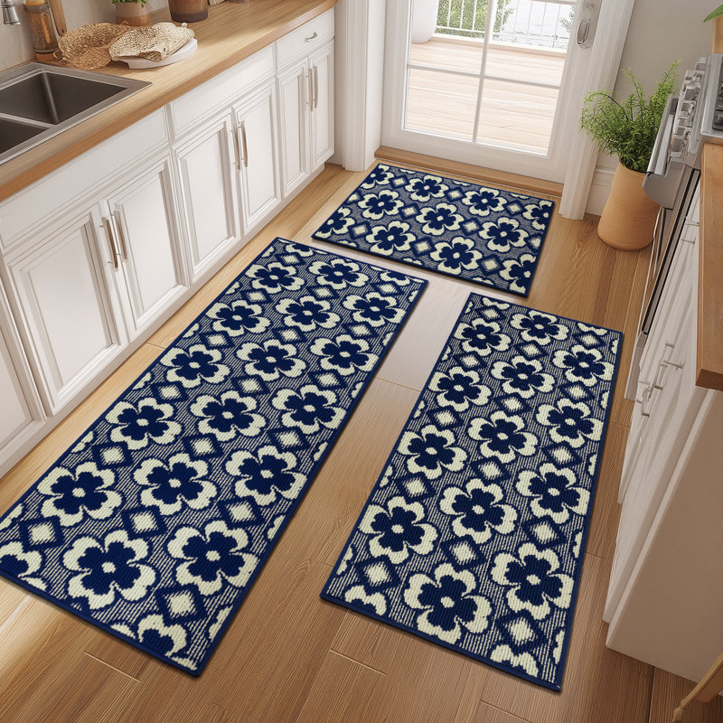 Tapis de couloir antidérapant et lavable (ensemble de 3), Bleu