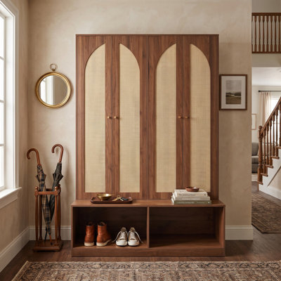 55.1”W Mid-Century Farmhouse Hall Tree, 4-in-1 Seating Bench with Rattan Doors and 6 Hooks, Practical Entryway Shoe Cabinet for Living Room, Walnut