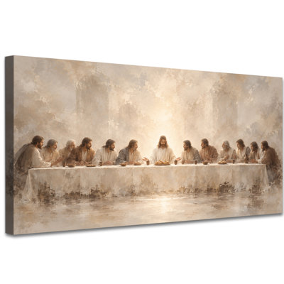 Tableau extra large représentant Jésus chrétien, la Cène avec ses disciples autour d'une longue table, style crème et beige, idéal pour la salle à manger ou le salon, prêt à accrocher, 61 x 122 cm