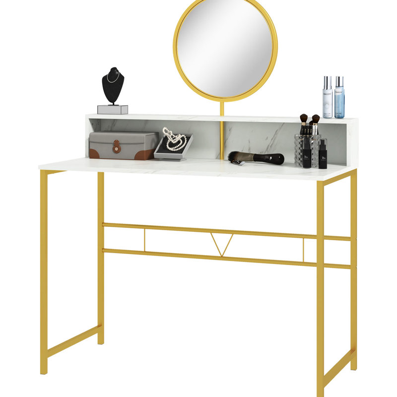 Bureau de maquillage avec miroir moderne, coiffeuse blanche et dorée, plateau de table en faux marbre, robuste pour chambre à coucher