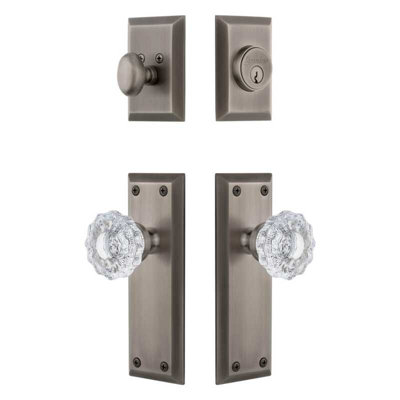 Grandeur Fifth Avenue Long Plate Entry Set with Versailles Crystal Knob in Antique Pewter