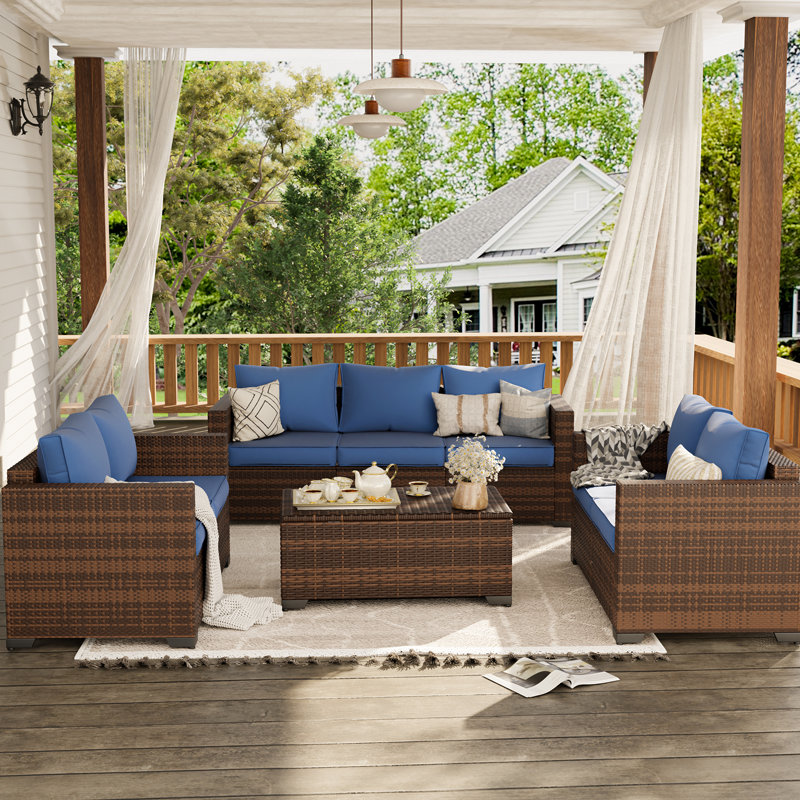 Fille 4-Piece Spacious Armrest Outdoor Sectional Rattan Conversation Set with Storage Table, Navy
