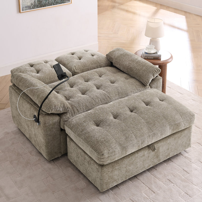 Double canapé inclinable avec port de charge USB et repose-pieds de rangement, Chenille brun