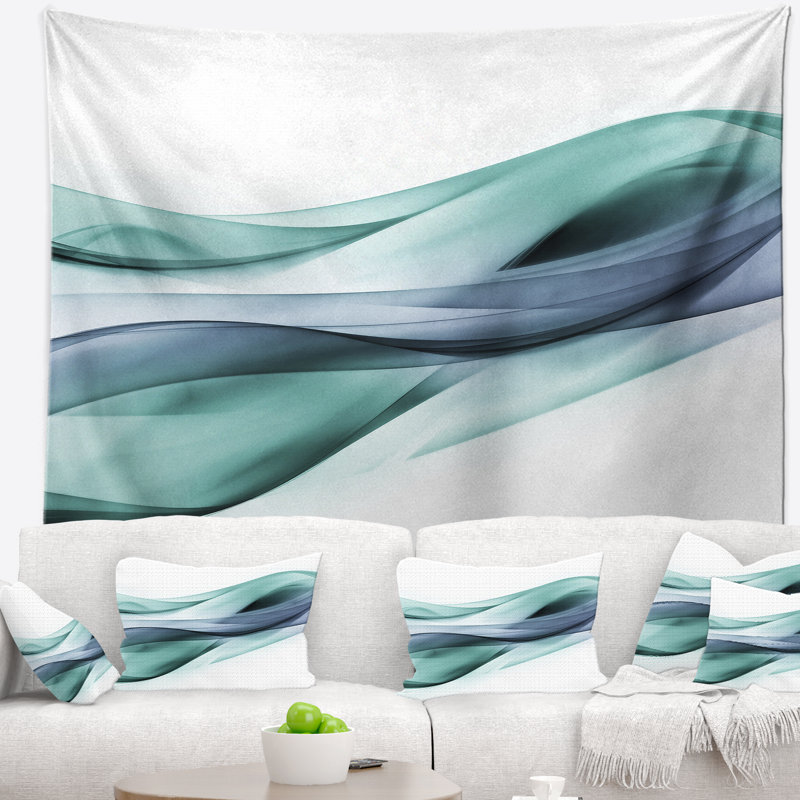 Tapisserie abstraite à lignes fractales grises et bleues, H 50 po x l 60 po