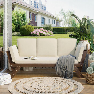 Outdoor Adjustable Wooden Patio Daybed, Chaise Lounge Sofa with Beige Cushions, Space-Saving for Small Spaces, Brown Finish