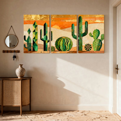 Cactus géométrique, paysage de désert, ensemble de 3 impressions sur toile