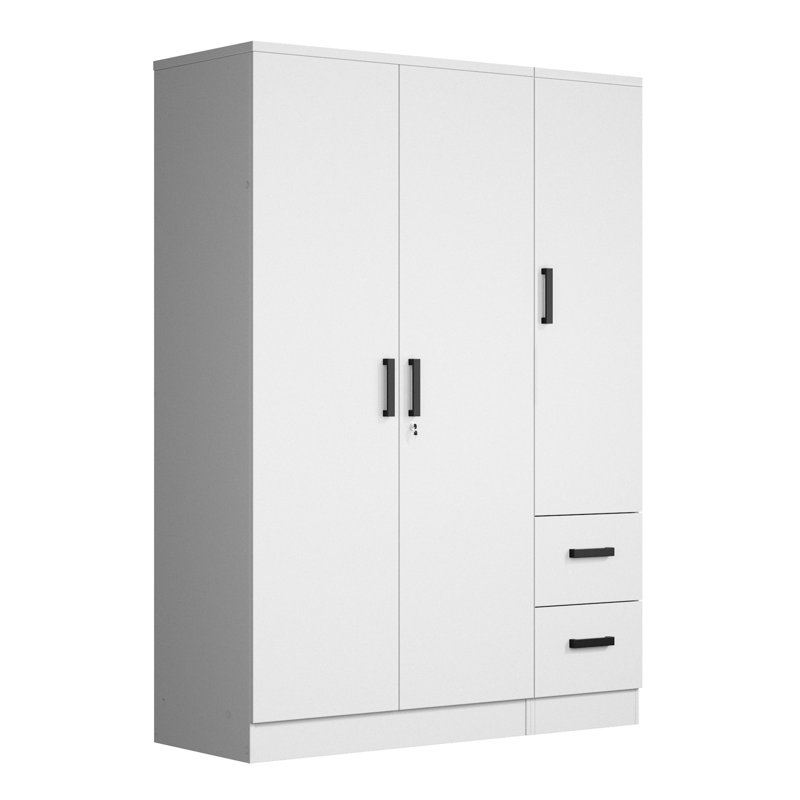 Armoire-penderie en bois 2 tiroirs 3 portes, Blanc
