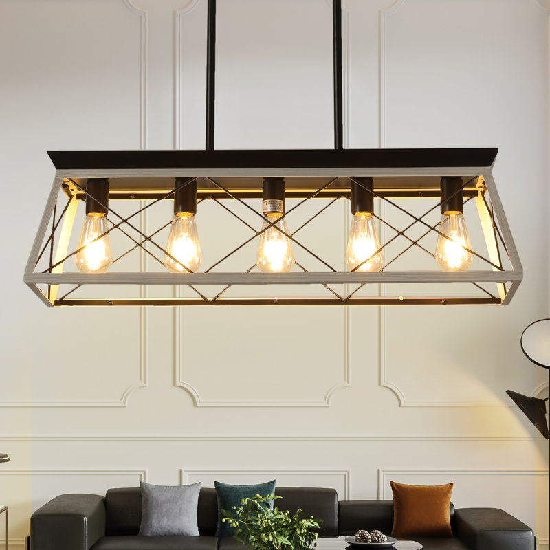 5-Light White Farmhouse Chandelier For Dining Room | Adjustable Rustic Pendant Light (No Bulbs Included), Gray