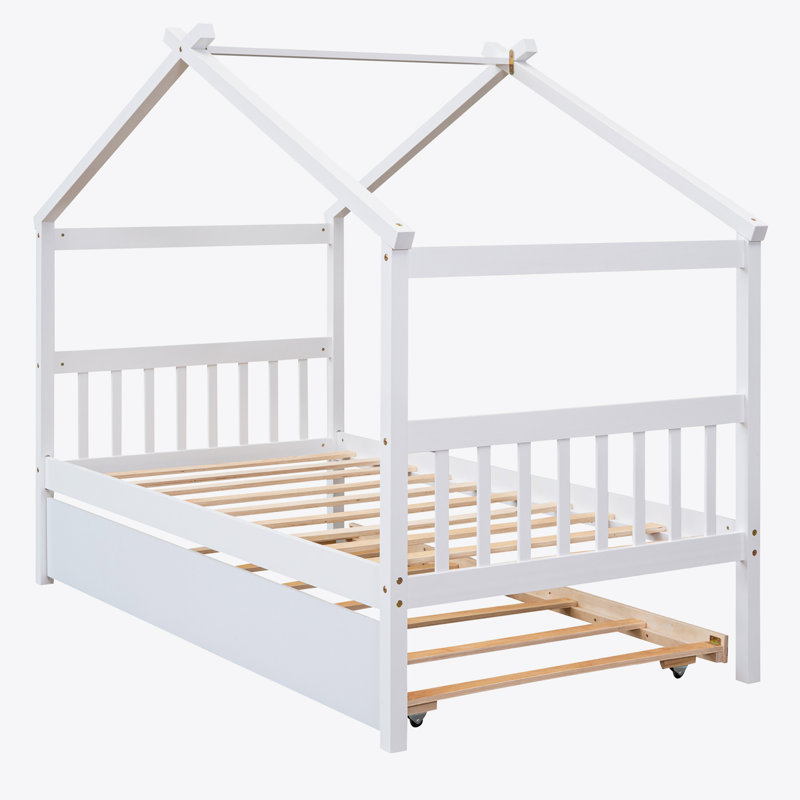 Annais Wooden House Bed with Trundle, Full, White