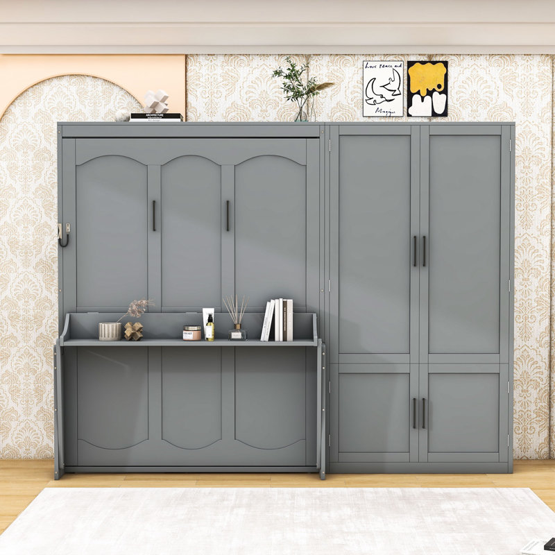 Grand lit escamotable en bois avec tablettes, gris