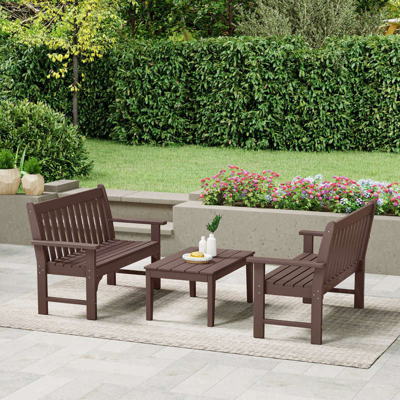 Laguna Poly 3-Piece Bench With Coffee Table, Brown