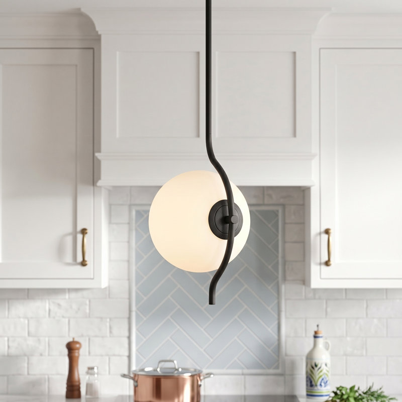 Curved Line Globe Pendant with White Jade Glass, Matte Black