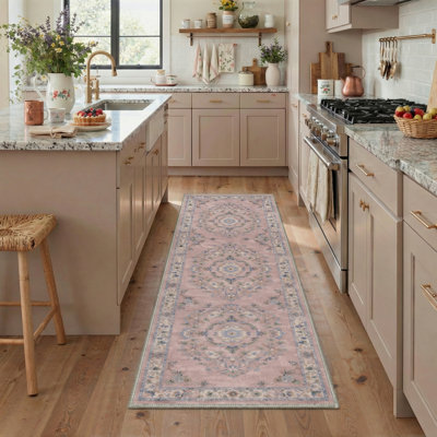 Wildomar Floral Machine Washable Pink / Blue / Beige Indoor Area Rug with Non-Slip Backing