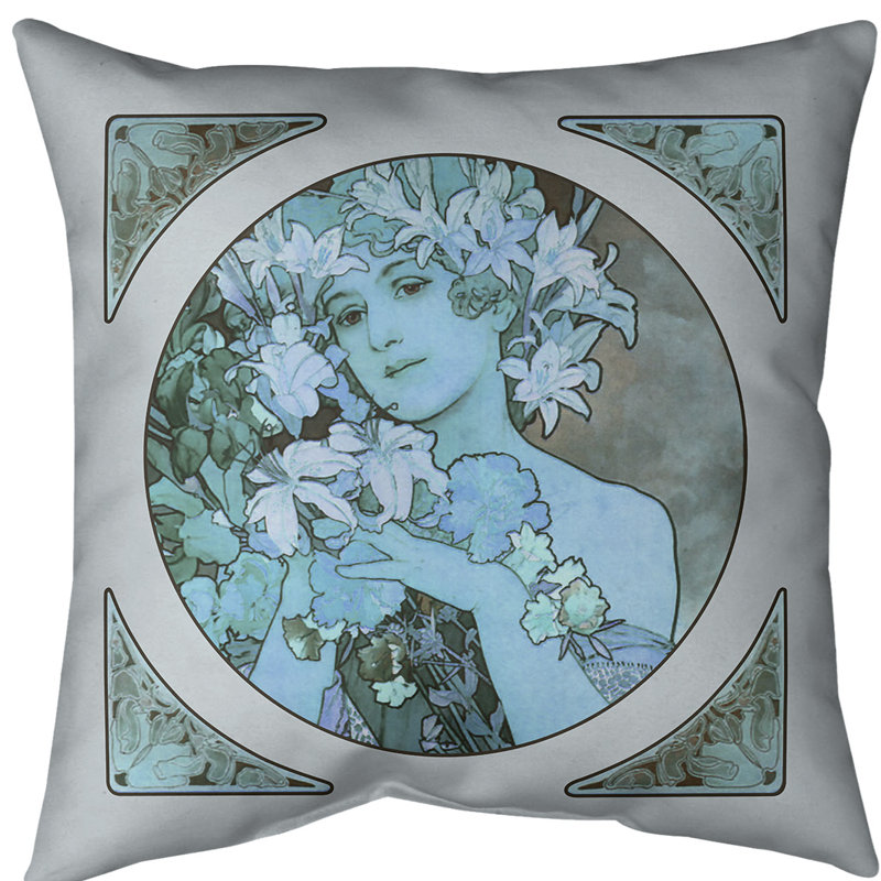 Coussin euro alphonse mucha couronne of fleurs, Bleu, Duvet synthétique, Polyester filé