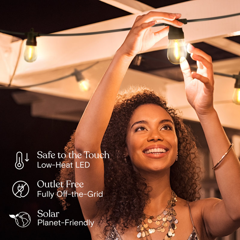 Ambience Pro 27 ft. Solar Outdoor Patio LED String Lights with 12 Warm White S14 Bulbs, 15 Hanging Hooks Included, Weatherproof