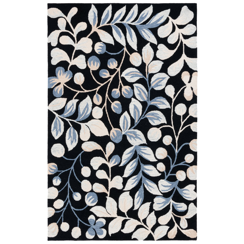 Jardin Tufted Wool Cotton Floral Rug in Ivory/Black, Rectangle 4' x 6'