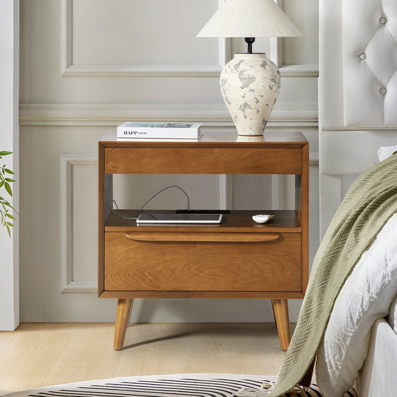 Nawaal 2 - Drawer Nightstand with Integrated Charging Station and Pull-Out Tray