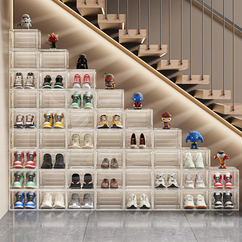 Durable Stackable Shoe Storage Boxes With Magnetic Door, Clear Drop Front Shoe Organizer For Closet, Sneaker Storage Container, Space-Saving Shoe Rack