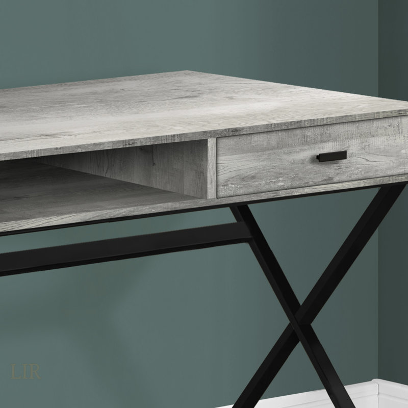 Contemporary Grey Laminate Computer Desk With Storage Drawers And Black Metal Frame For Modern Home Office, Gray