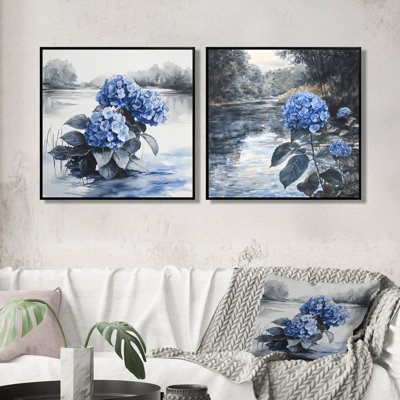 Hortensias au bord de la rivière en monochrome I - décoration murale d'hortensias - art mural traditionnel 2 pièces