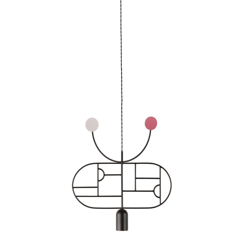 Luminaire suspendu géométrique unique à 1 lumière H 18,9 po à pois en bois, Noir, Blanc / rose