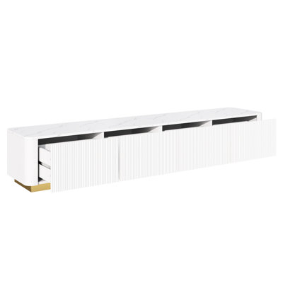 Luxury Fluted Tv Stand For Living Room, 4 Drawers, Gold Base, White Faux Marble Finish, And Robust Drawer Construction Tabletop