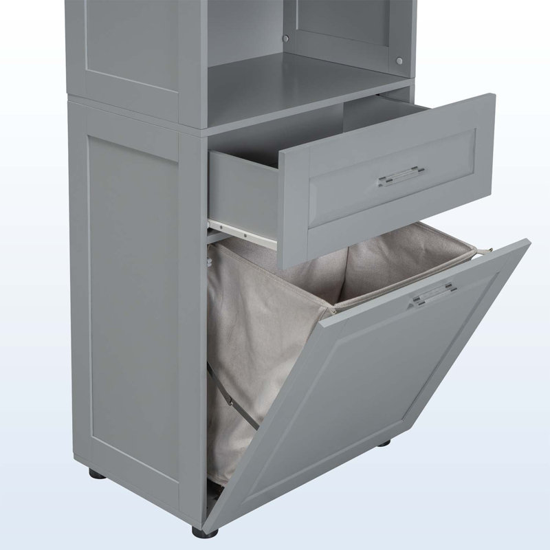 Large Storage Space Tilt-Out Laundry Hamper and Upper Storage Cabinet, Grey
